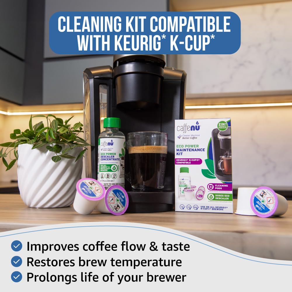 Keurig Compatible Descaling Solution and Cleaner. 2 Descaler, 4 Cleaning Pods. Removes Limescale & Cleans Pod Area. Better Tasting & Hotter Coffee. 4 Uses of Descaler & Cleaner.