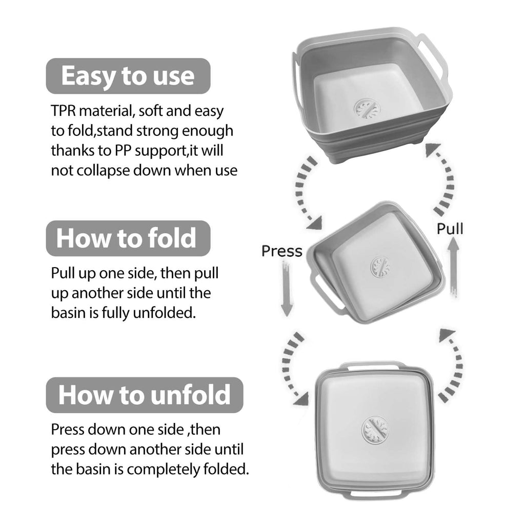 Ikaufen Dishpan for Washing Dishes, 9L (2.4Gallon) Collapsible Wash Basin with Drain Plug Carry Handles, Collapsible Bucket for Cleaning, Vegetable Washing, RV(Grey)