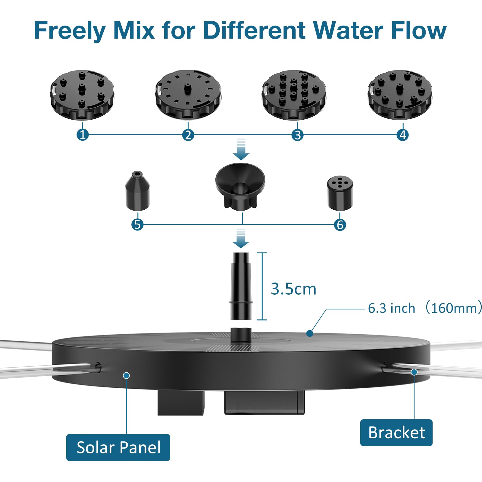 AMZtime 2.5W Solar Bird Bath Fountain Pump, Solar Fountain with 6 Nozzles 4 Fixed Pipes, Solar Water Fountain Pump for Garden, Ponds, Pool, Fish Tank, Aquarium and Outdoor