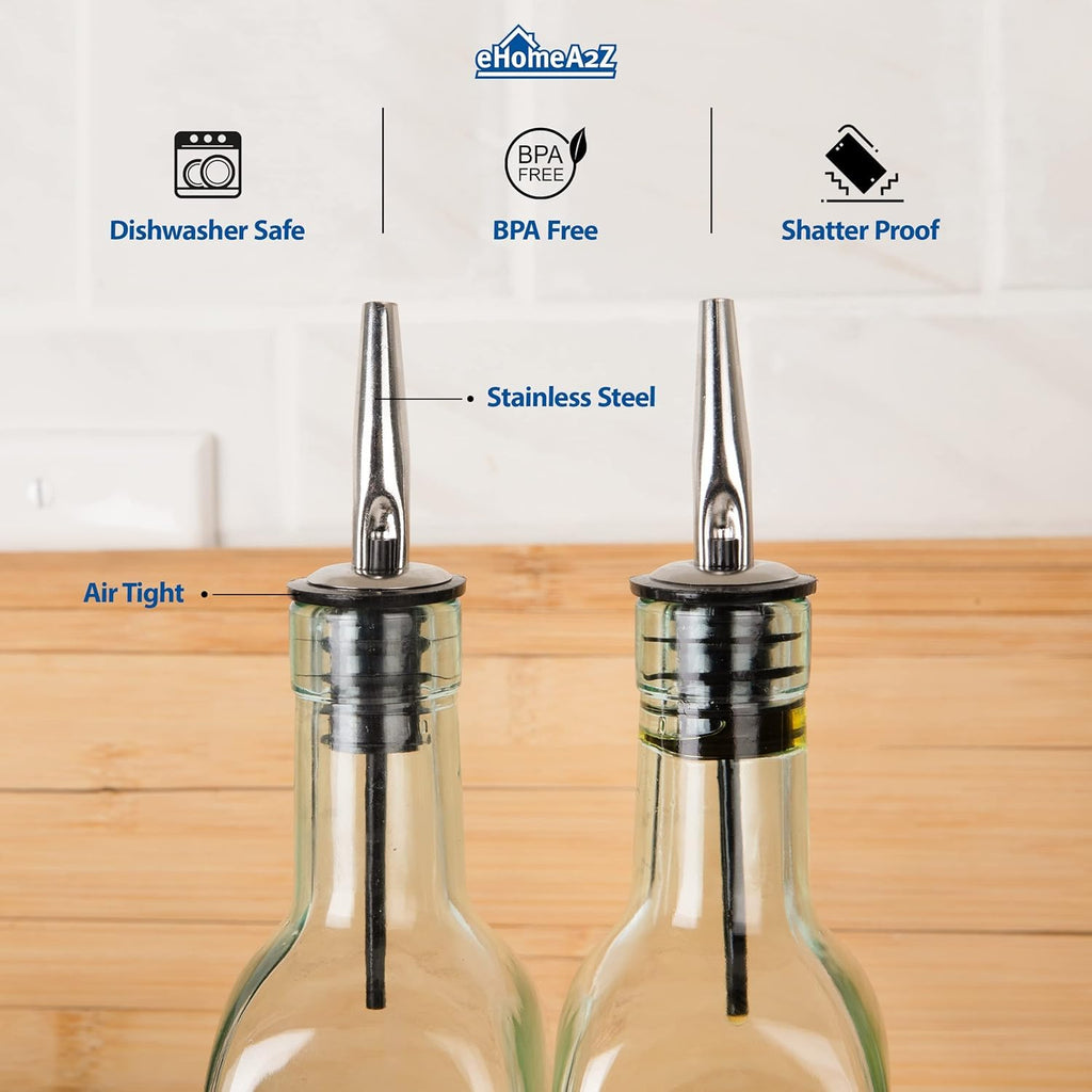 EHOMEA2Z Italian Glass Olive Oil Dispenser Bottle - 16 Oz, Oil and Vinegar Cruet with Stainless Steel Spout for Kitchen, Slight Green Tint (2, 473ml)