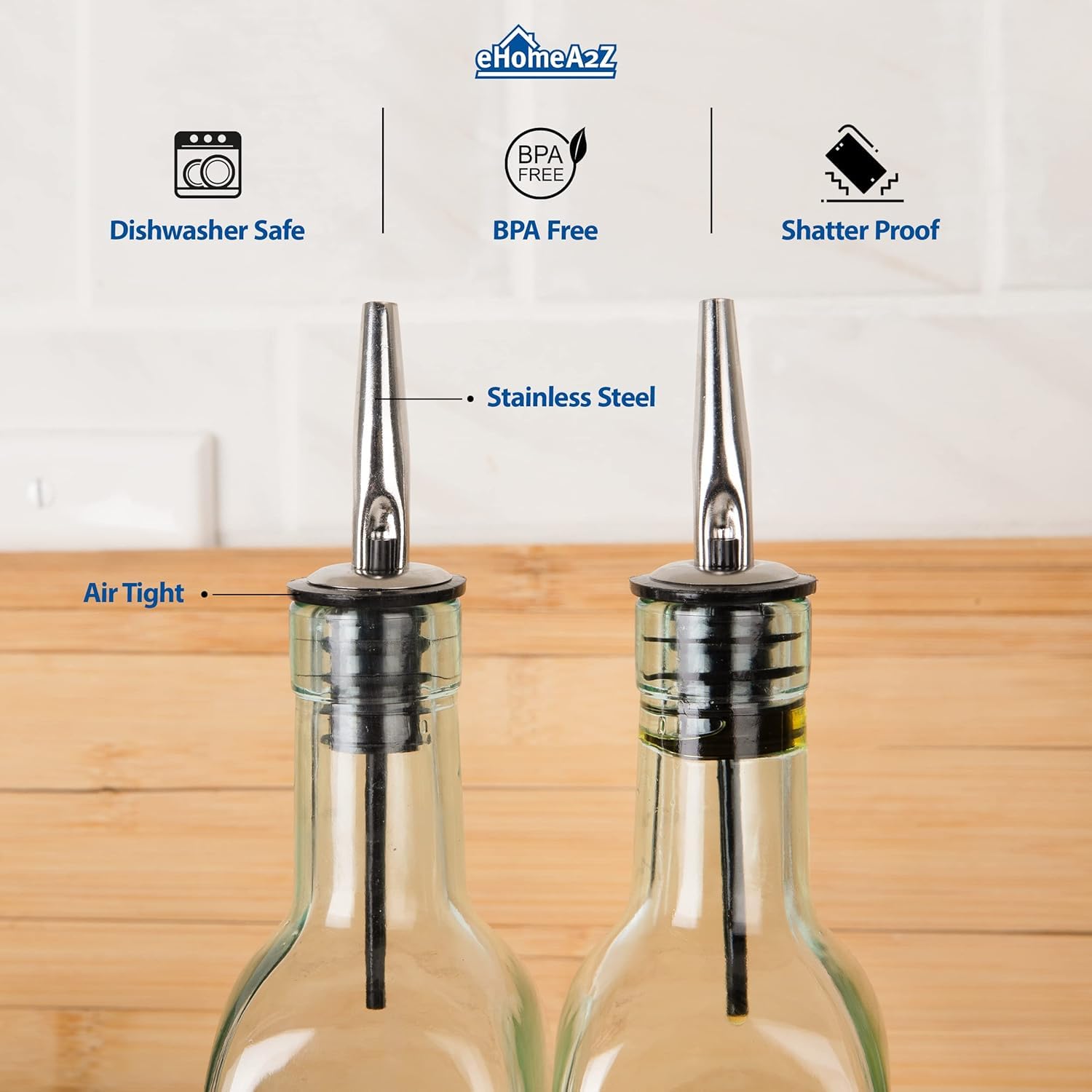 EHOMEA2Z Italian Glass Olive Oil Dispenser Bottle - 16 Oz, Oil and Vinegar Cruet with Stainless Steel Spout for Kitchen, Slight Green Tint (2, 473ml)
