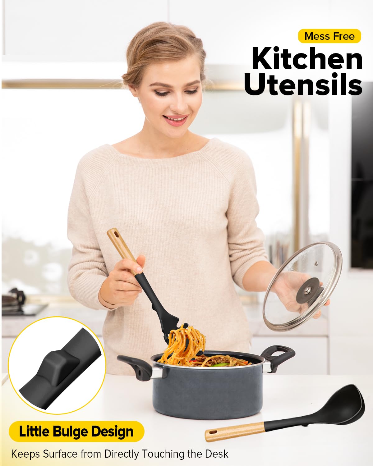 Silicone Soup Ladle and Spaghetti Spoon Set with Wooden Handle, Non Stick Heat Resistant Kitchen Utensils for Cooking, Stirring, Serving Pasta, Soup & Sauce(Black)