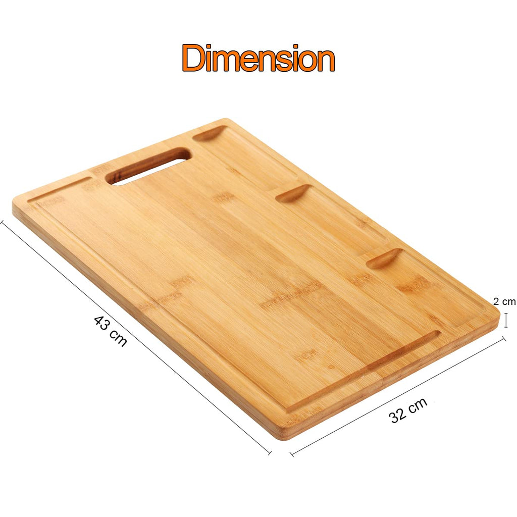 NIUXX Bamboo Cutting Board for Kitchen, Reversible Chopping Board with 3 Built-in Compartments and Juice Grooves, Large Chopping Tray 43 x 32 x 2 cm, Meats Vegetable Bread Fruits Board