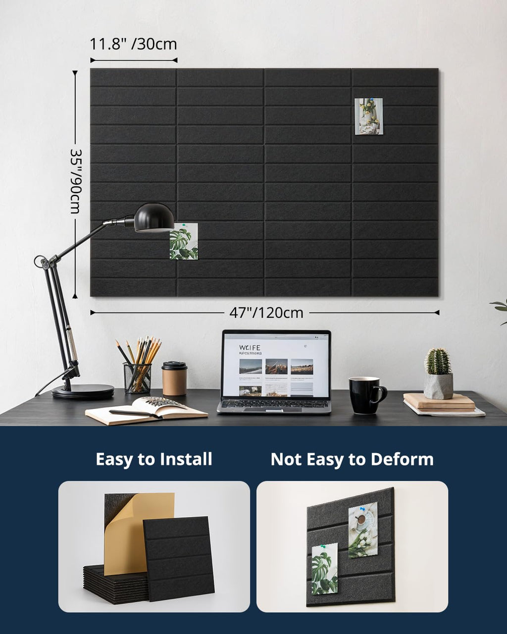 Large Cork Board Alternative 48"X36" Bulletin Board 12 Pack Felt Wall Tiles with Self Adhesive for Wall Home Office Decor, Pin Cork Boards-Black