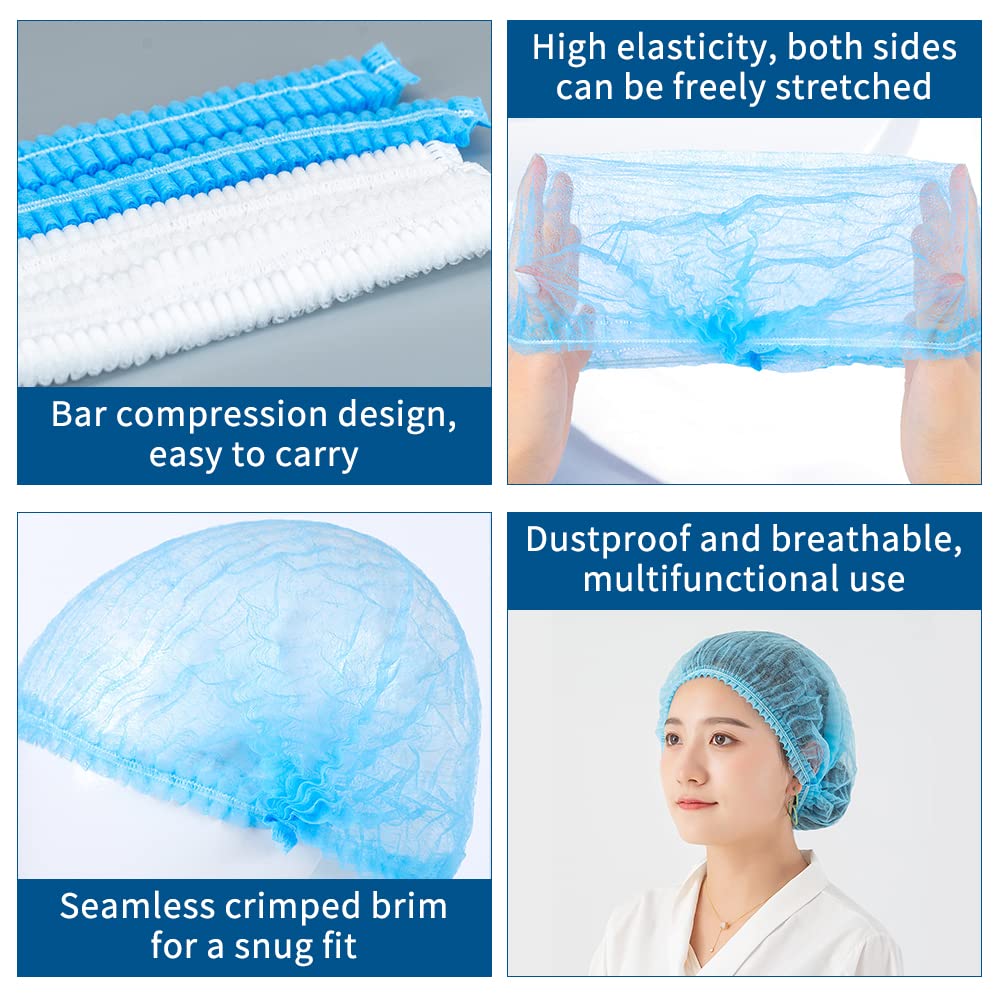 200 PCS Disposable Nonwoven Bouffant Caps Hair Net Cap Free Size Elastic Cap, TIE-DailyNec Non-Woven Strip Cap for Food Service Beauty Kitchen Hospital and Workspace (Blue)