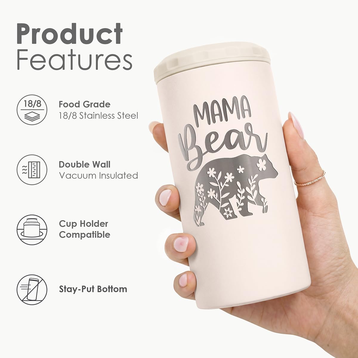 Mama Bear Holder Can Cooler 12oz - Travel Mug Cup - Stainless Steel Insulated for Mom Women - Tumbler Cans Koozie, Gift for Summer Vacation, Christmas, Birthday, Mother's Day