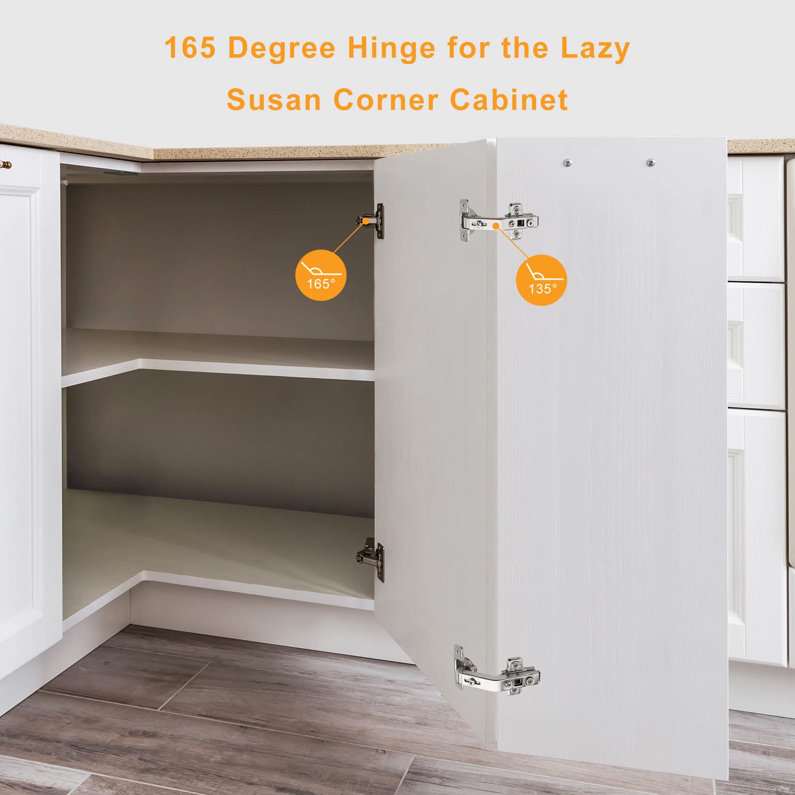 2 Pack Full Overlay 165 Degree Soft Close Cabinet Hinges, Lazy Susan, Heavy duty, Clip-on Plate, Chibery Multi Pivot Concealed Hardware for Corner Kitchen Frameless Cabinet, Cupboard Folded, Closets