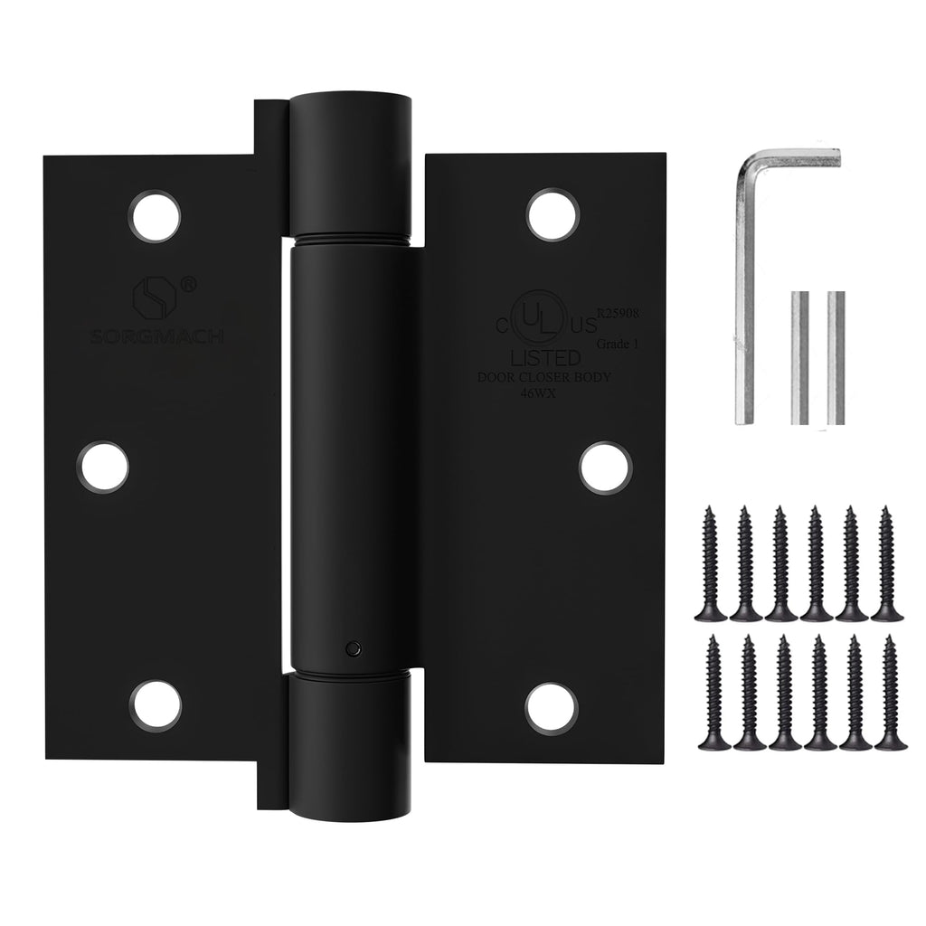 3 Pack Self Closing Door Hinges 3.5 inch Matte Black Spring Loaded Auto Close Hinges Square Corners Adjustable Tension for Interior Door 3 1/2 Auto Self-Closing Hinge