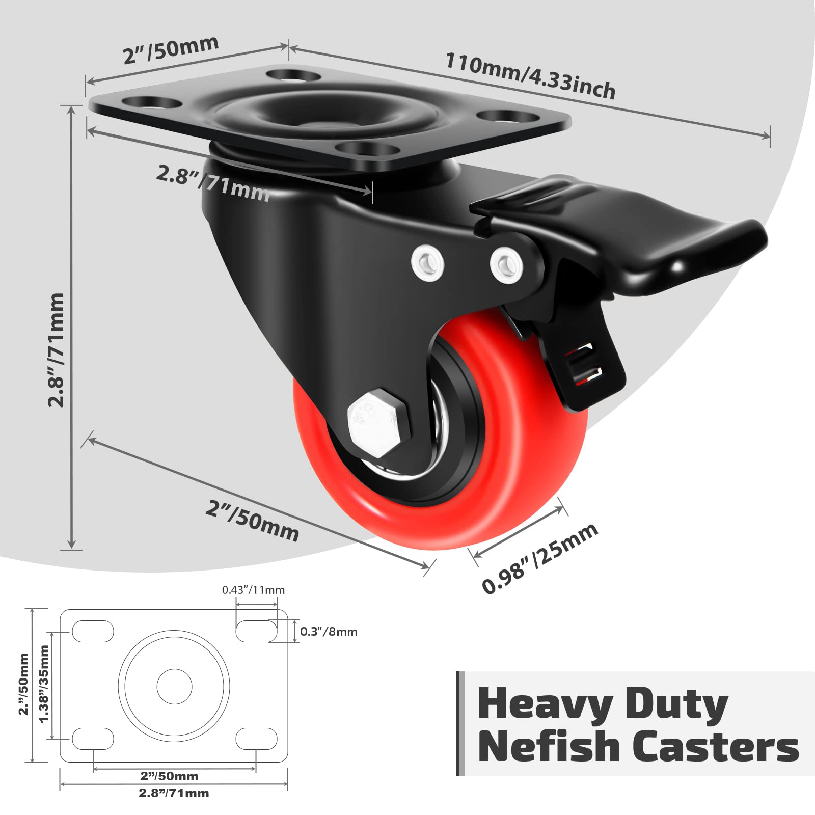 Nefish 2 Inch Casters Set of 4, Heavy Duty Top Plate Caster Wheels with Brake 600 Lbs, Durable Locking Furniture Castors, 360 Degree Swivel Casters, No Noise Polyurethane Wheels for Cabinet, Furniture