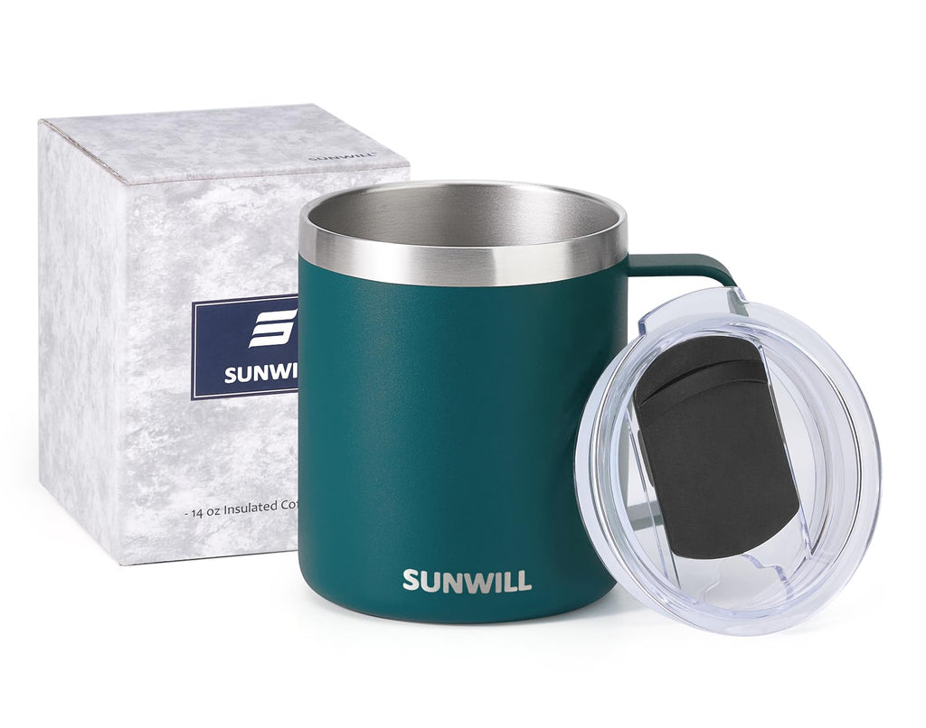 SUNWILL Insulated Coffee Mug with Lid, Travel Tumbler with Handle, 14 oz Stainless Steel Cup for Camping, Office, Home, Powder Coated Deep Green
