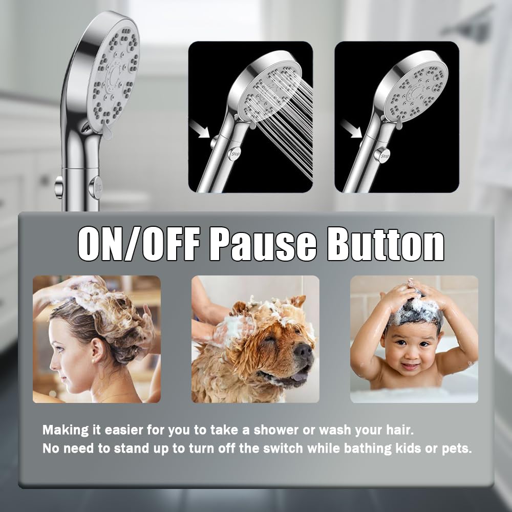 High Pressure Shower Head with ON/Off Pause Switch Button, 5 Spray Handheld Showerhead with Hose and Adjustable Bracket, Chrome, Easy to Wash Hair, Kid Bath, Pet Bath