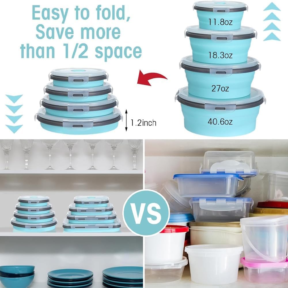 8 Collapsible Food Storage Containers with Lids, Rv Collapsible Bowls, Silicone Food Storage Containers, Camping Food Containers, Collapsibles Containers for Food, Camping, Travel