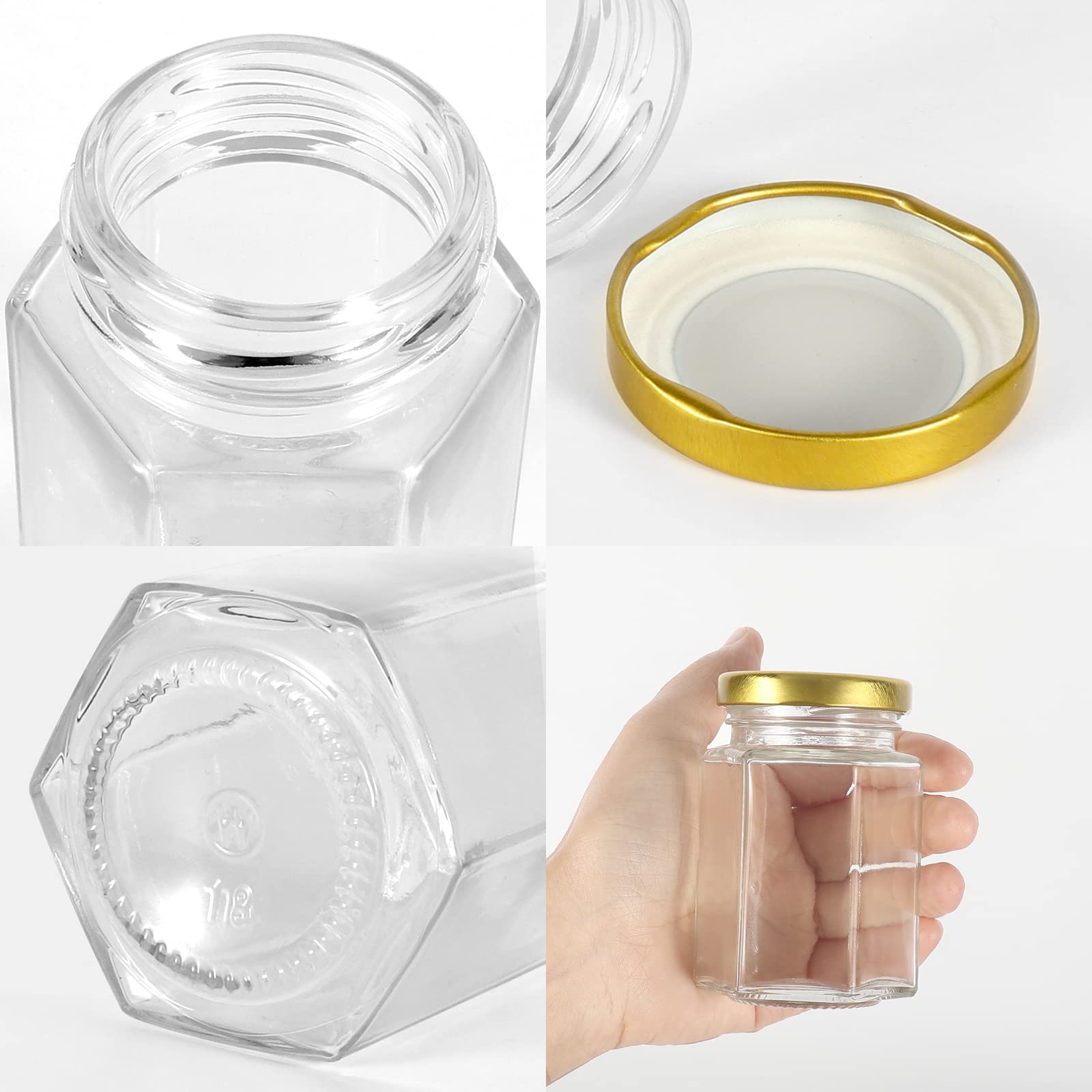 Keketin 4oz Hexagon Glass Jam Jar with Gold Lids,12pcs Canning Jars for Jams,Spice,Sauces,Candy,Food Storage,Wedding Favors or Art Crafts
