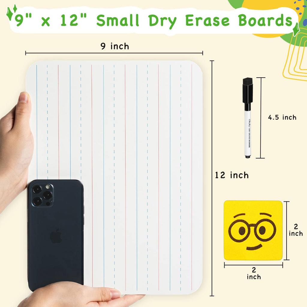 Ohuhu 6-Pack Small White Boards, Double-Sided Dry Erase Boards, Lined & Plain, 9 x 12 Inch Mini Whiteboards Set, Including 6 x Lapboards, 6 x Markers, 6 x Erasers, Ideal for Homeschools & Group Games