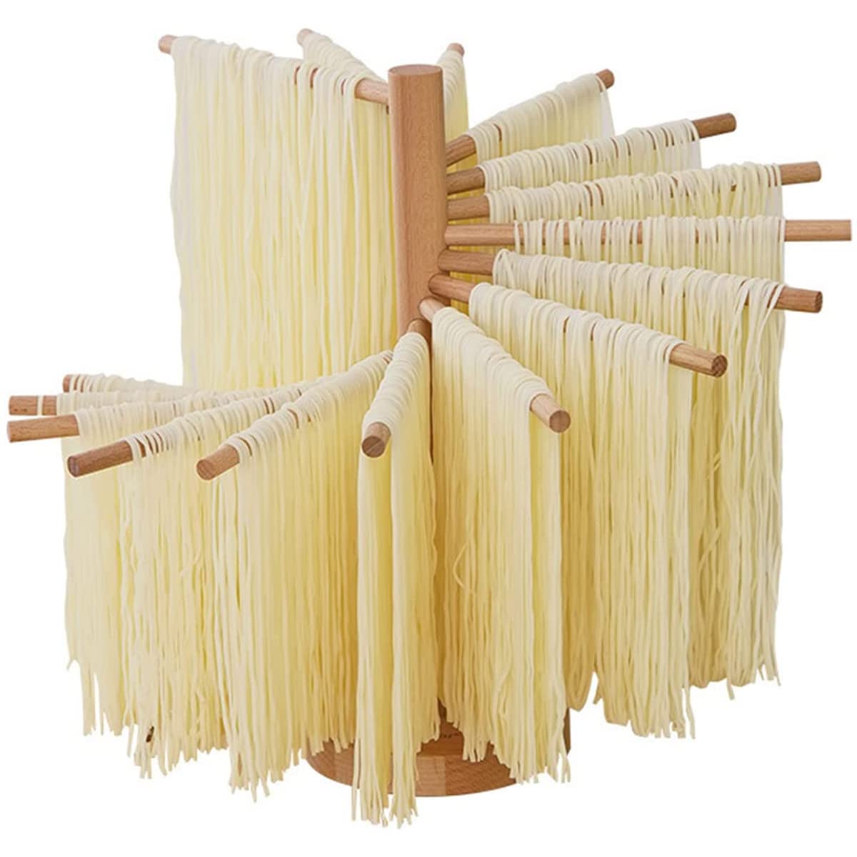 Pasta Drying Rack Collapsible Wood Fresh Pasta Dryer Rack Stand Foldable Noodle Hanger with 16 Non-Slip Rods Spaghetti Drying Rack for Kitchen Compact for Easy Storage, Quick Set up (Log Color)