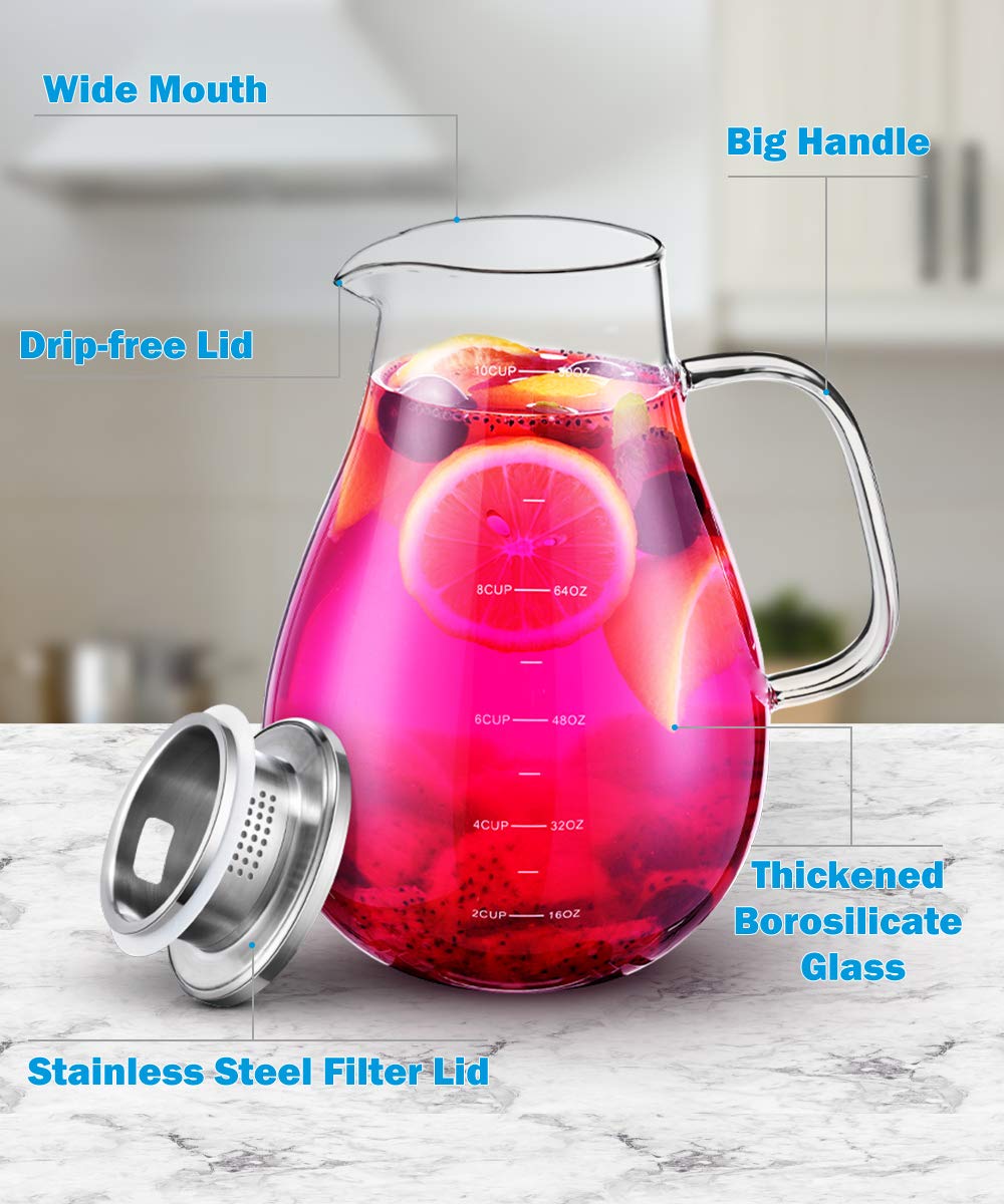 Glass Pitcher, veecom 80oz Water Pitcher with Lid, 2.4L Large Glass Pitcher with Lid and Spout for Hot&Cold Beverage, Juice, Iced Tea Pitcher for Fridge, Borosilicate Glass Carafe/Jug with Brush