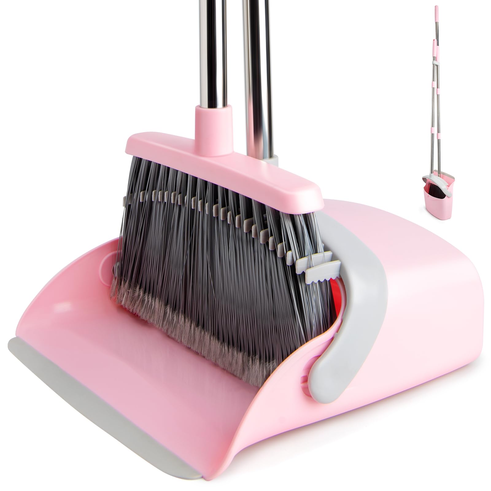 XXFLOWER Broom and Dustpan Set with Split Bristles,Upright Standing Dust Pan with Comb Teeth for Floor Cleaning,Broom with Dustpan Combo with Long Handle for Home Kitchen Lobby Office(Gray Pink)