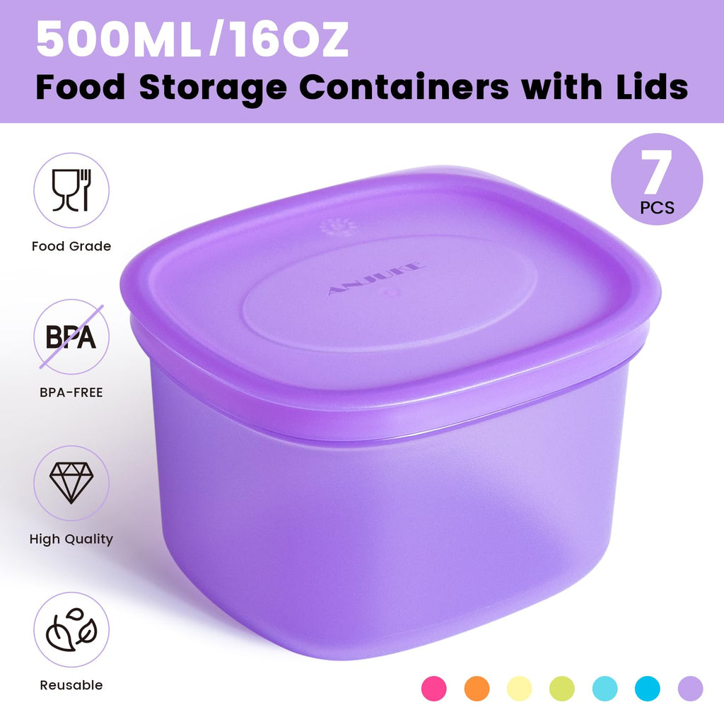 ANJUKE 7-Pack Meal Prep Containers with Lids (500mL / 2-Cup) - Airtight Reusable Plastic Food Storage Set, BPA-Free Stackable Lunch Boxes for Leftovers, Microwave & Freezer Safe