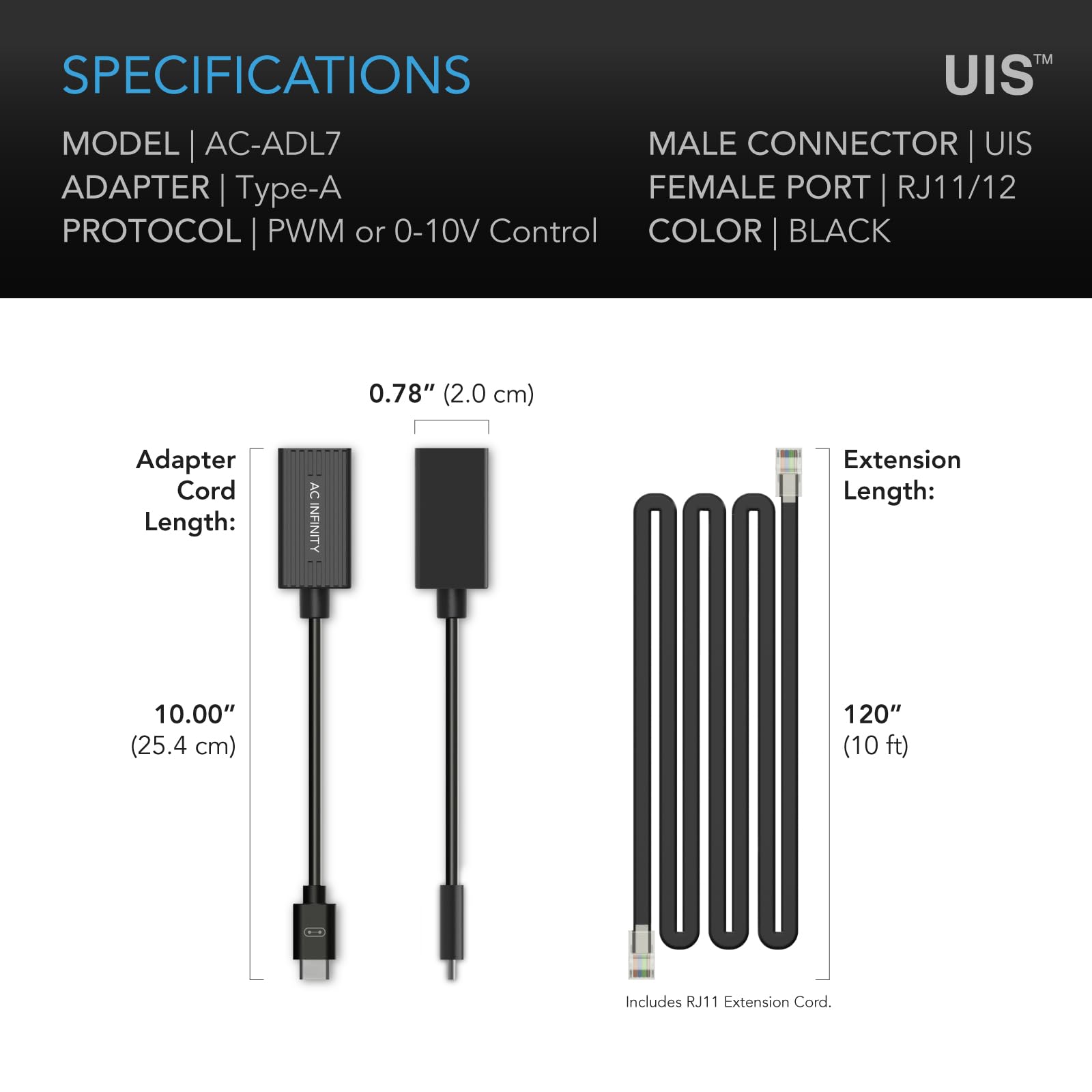 AC Infinity RJ11/12 to UIS Port Type Adapter Dongle, Conversion Cable Cord with Extension Cable for RJ11 RJ12 Grow Lights with PWM & 0-10V Current Sourcing Dimming, Black