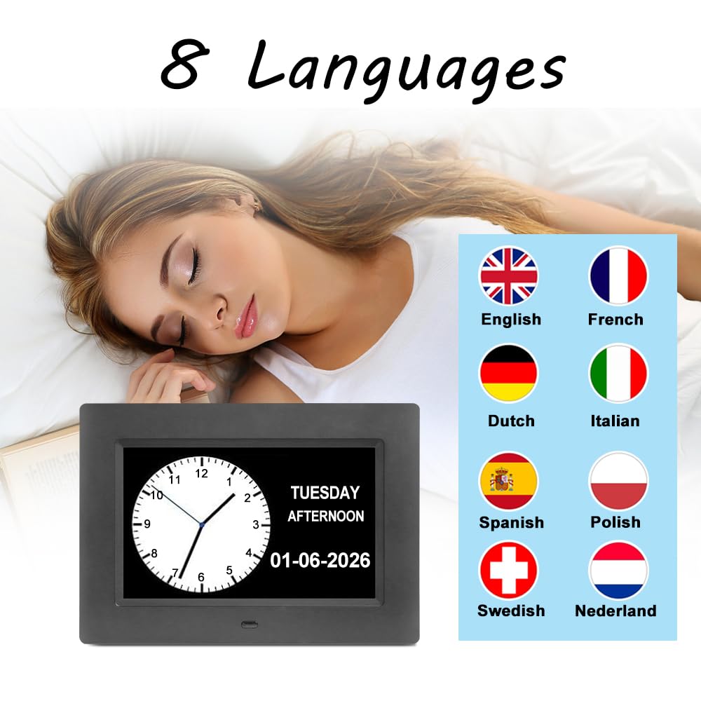 Dementia Clocks for Seniors,7 Inch Clock with Day and Date for Elderly,12 Alarms Option,Auto Dimmable,Large Number Digital Clock with Large Display
