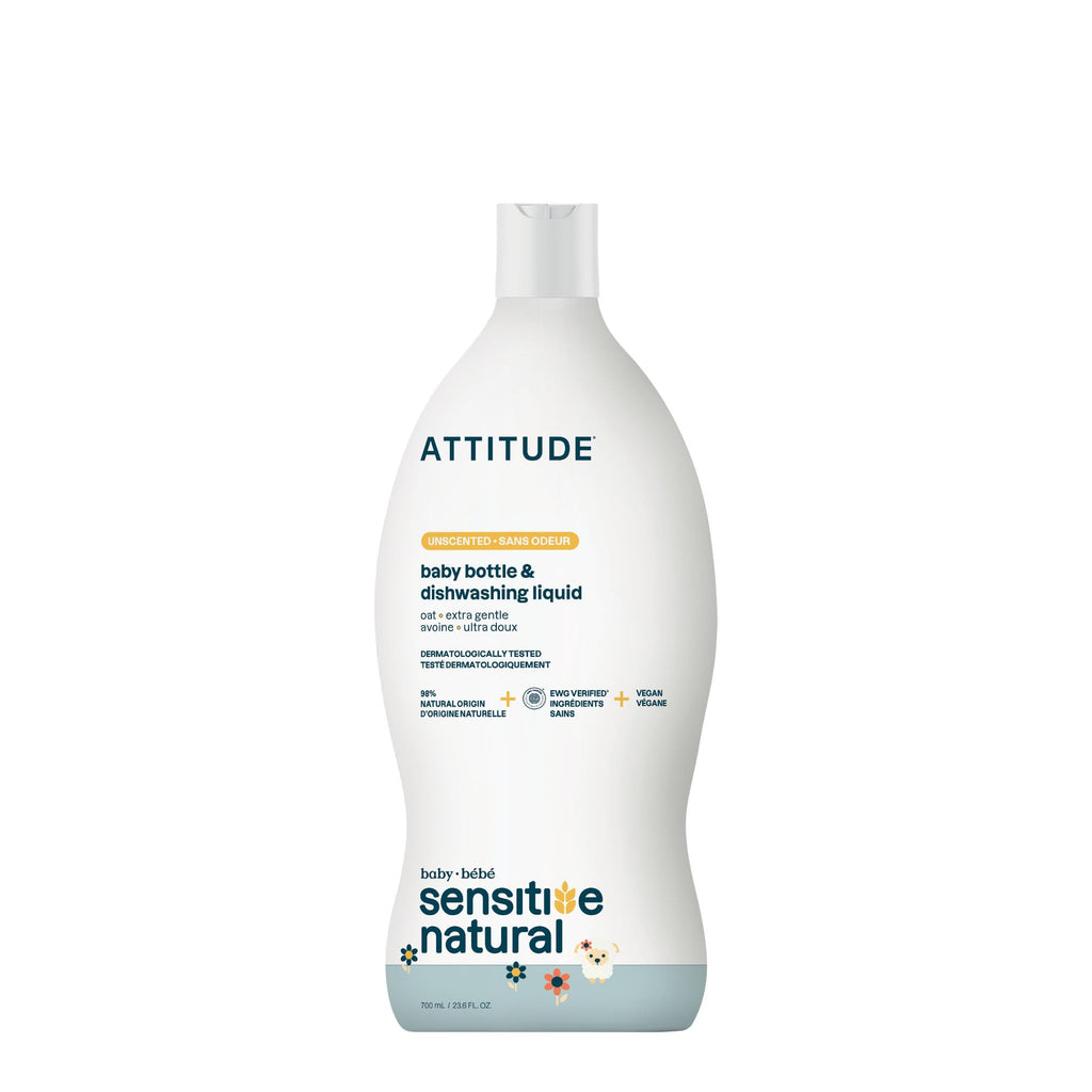 ATTITUDE Baby Bottle & Dish Soap with Oat Extract, EWG Verified Bottle Cleaner For Sensitive Skin, Fragrance Free & Dye Free, Removes Milk Residue & Grease, Vegan, Unscented, 700 mL