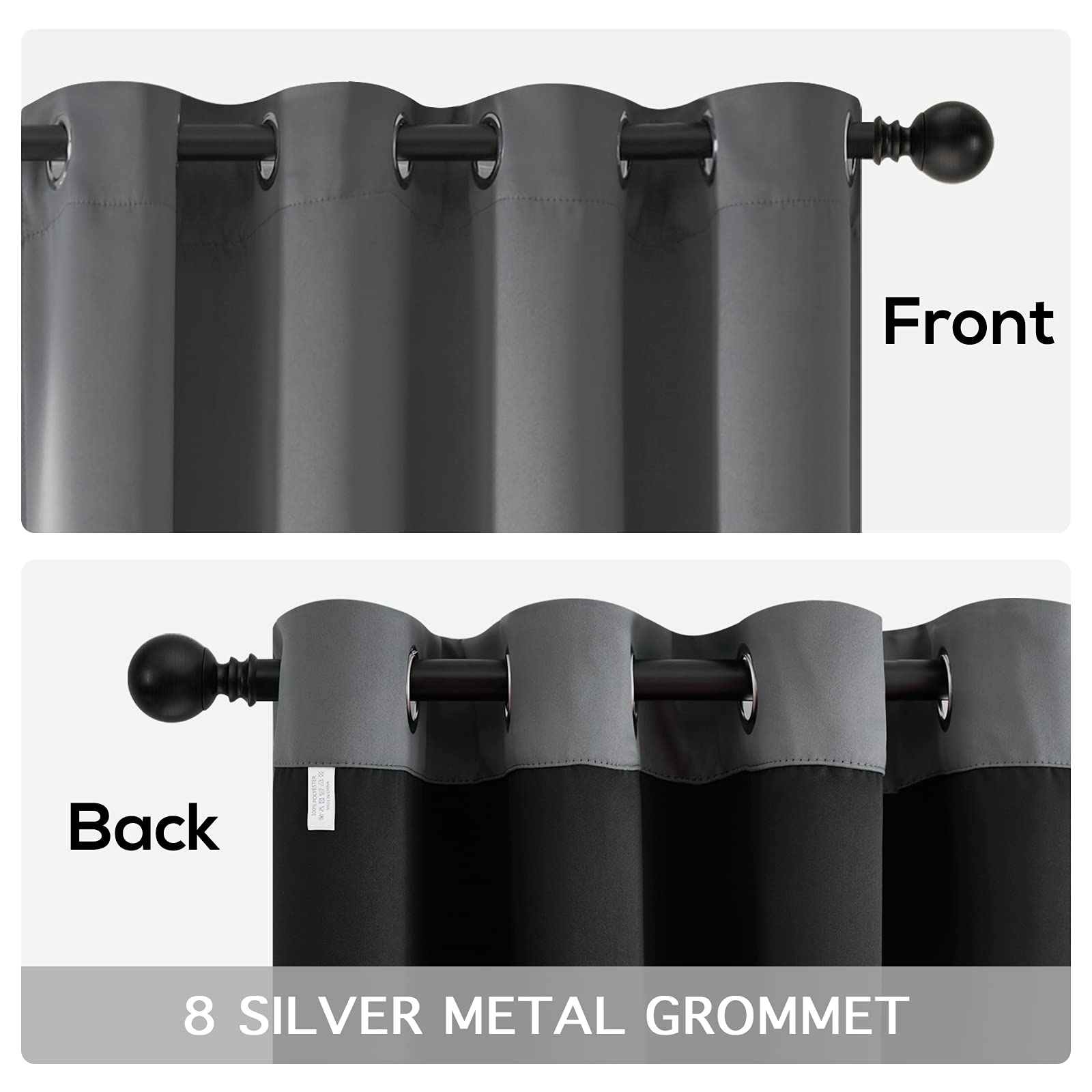 Yakamok 100% Blackout Curtains for Bedroom 84 Inch Length, Grey Full Light Blocking Drapes with Black Backing, Noise Reducing Thermal Insulated Grommet Panels for Living Room, 52Wx84L,Gray, 2 Panels
