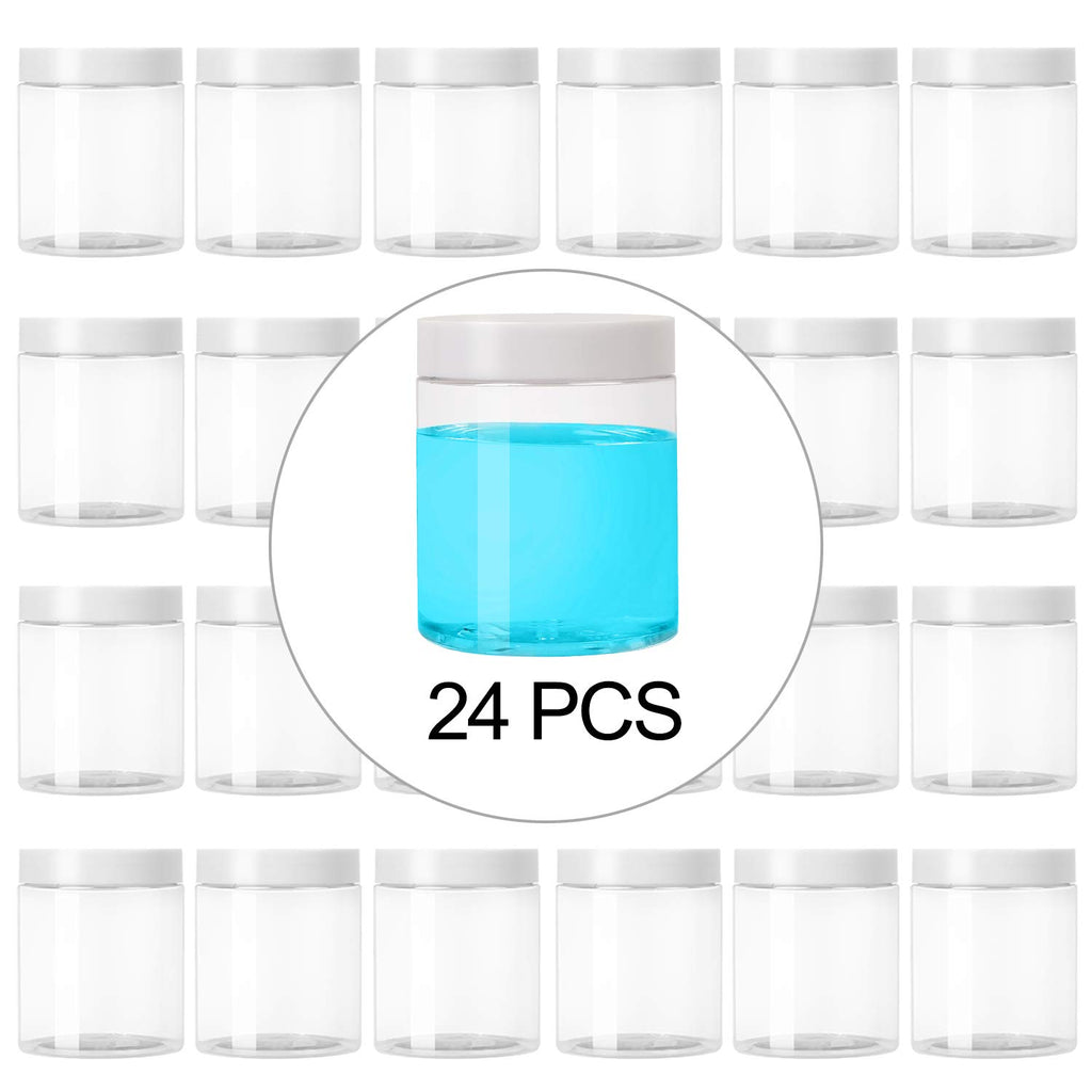 KEILEOHO 24 Pack 8 OZ Round Plastic Jar Storage Container, Clear Slime Containers with White Lids, Wide-Mouth Slime Containers Jars for Cosmetic, Food Storage, Beauty Products
