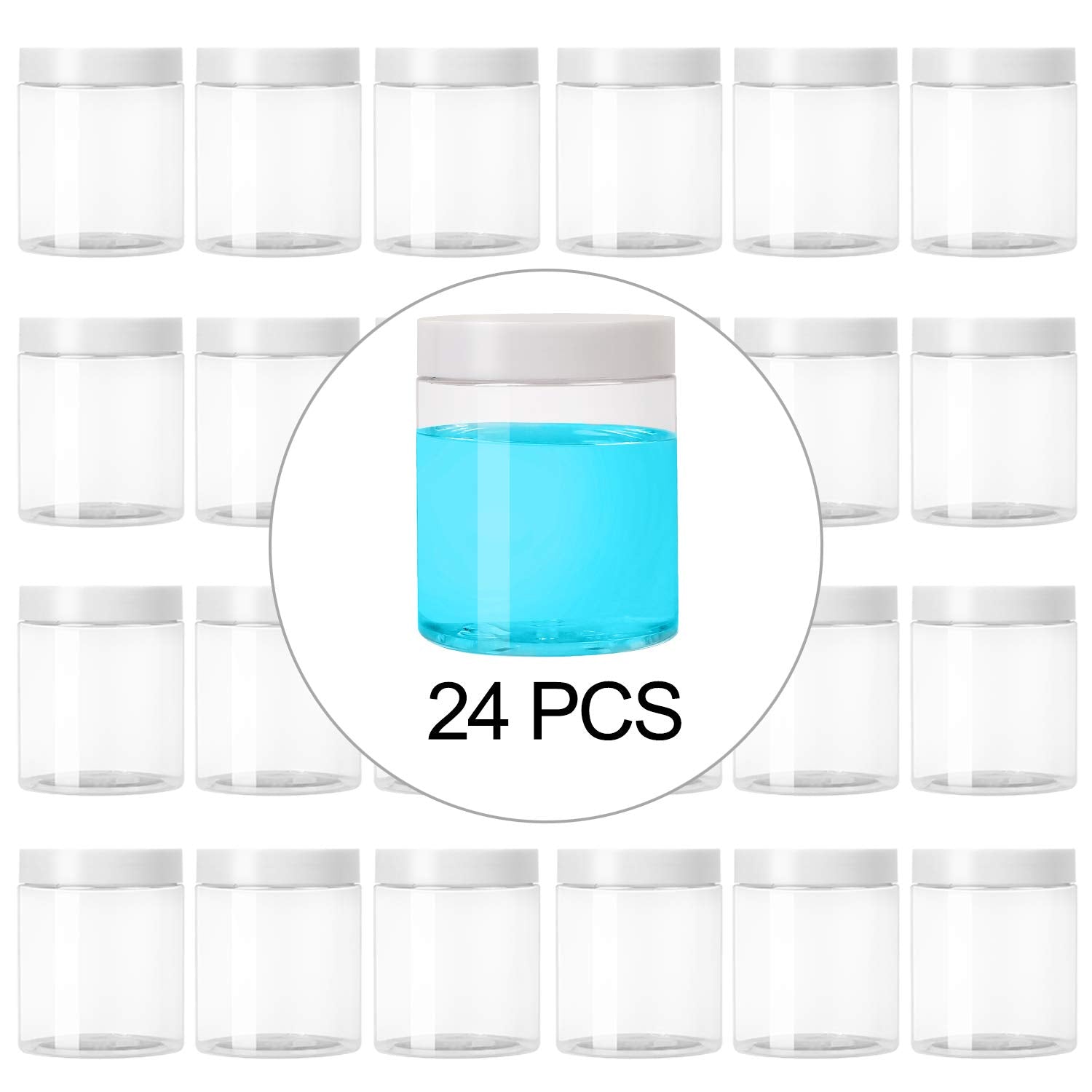 KEILEOHO 24 Pack 8 OZ Round Plastic Jar Storage Container, Clear Slime Containers with White Lids, Wide-Mouth Slime Containers Jars for Cosmetic, Food Storage, Beauty Products
