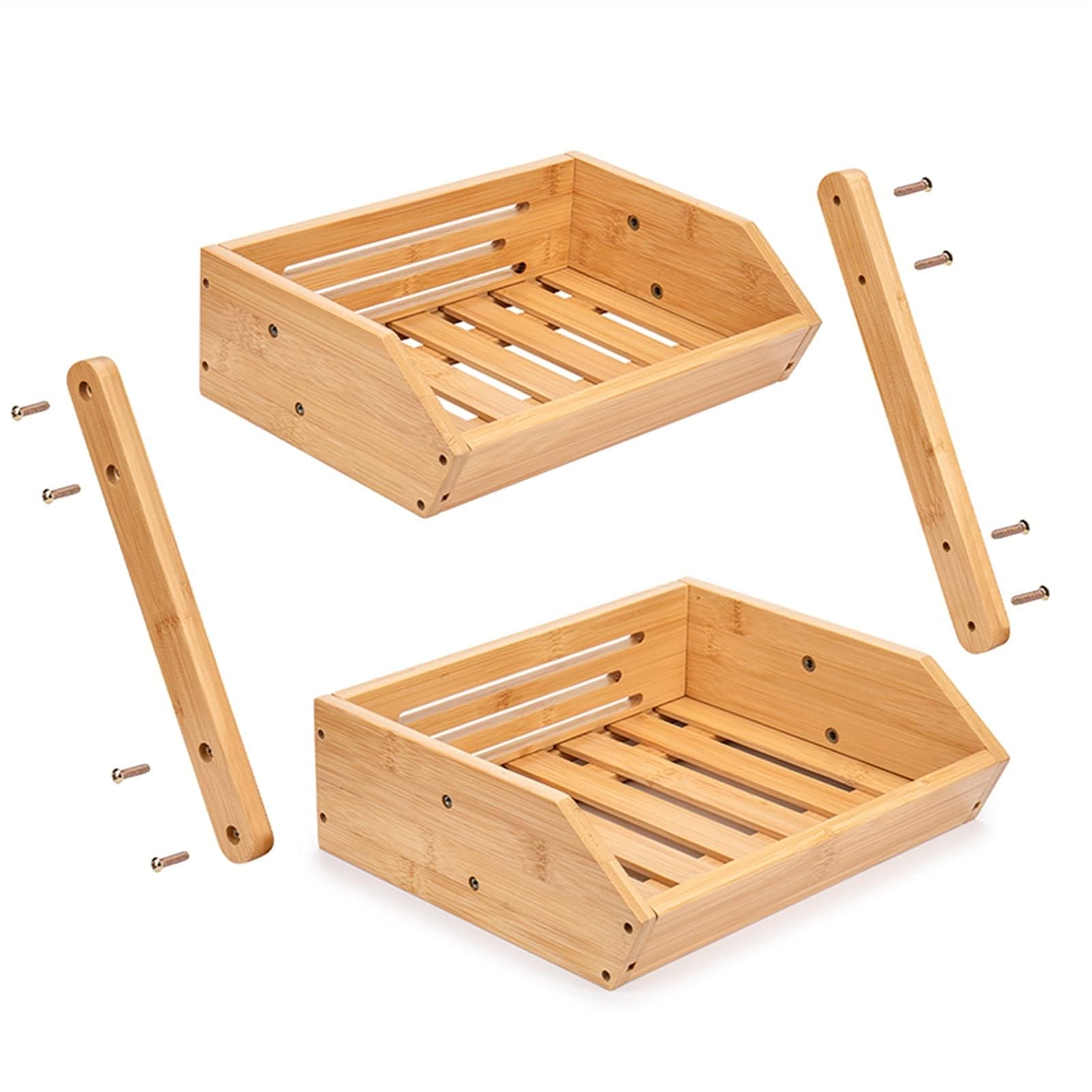 Bamboo Fruit Basket, 2-Tier Storage Stand Holder for Kitchen Countertop, Large Capacity Organizer for Fruits and Vegetables, Natural