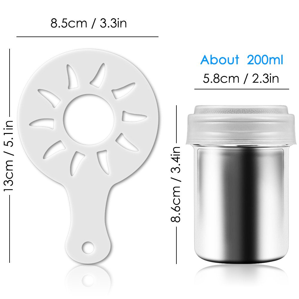 3 Pack Stainless Steel Powder Shaker, Coffee Cocoa Dredges with Fine-Mesh Lid, AIFUDA Power Can for Cooking Home Restaurant with 16 Pcs Printing Molds Stencils