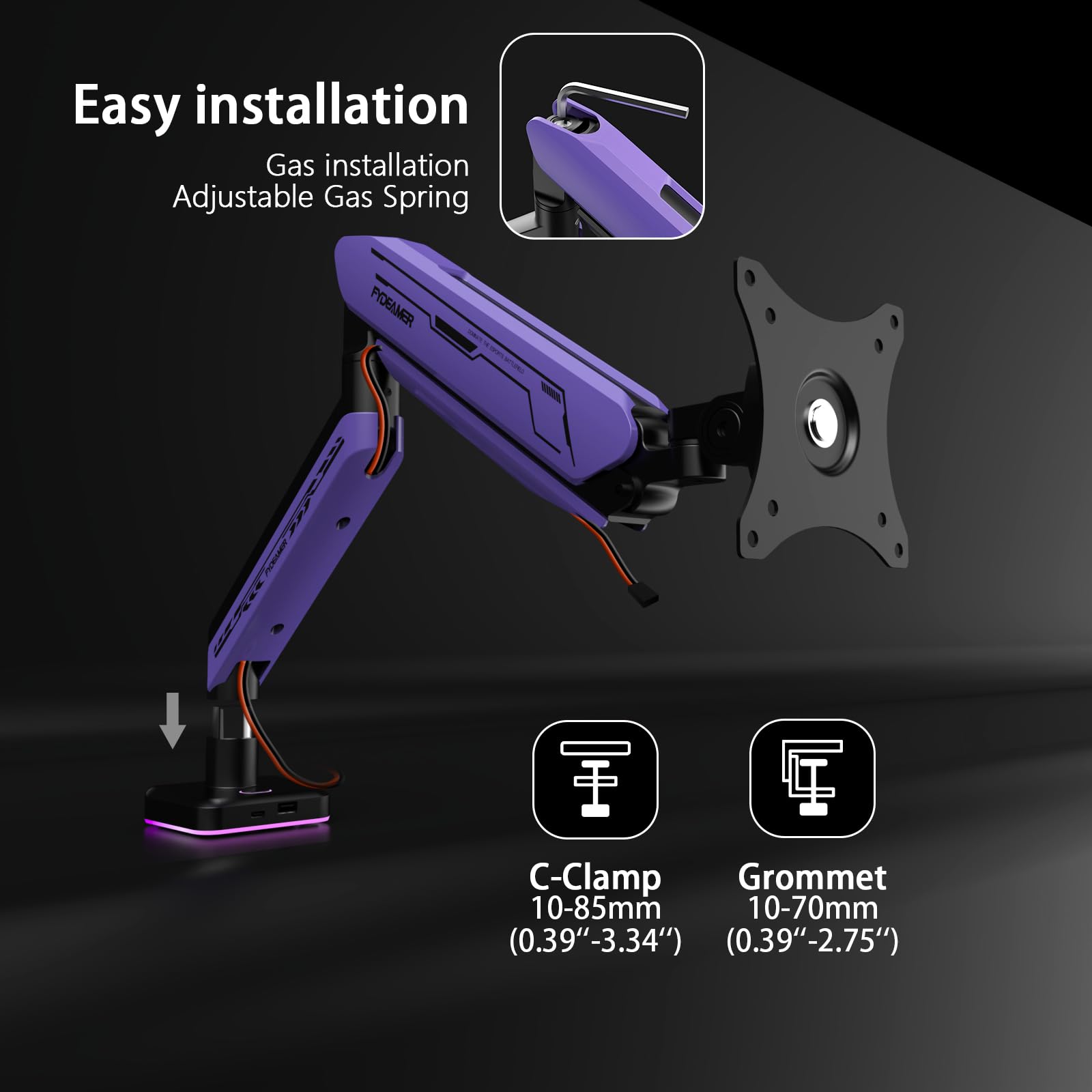 ETHU Single Heavy Duty Monitor Arm for 17-42 inches Monitors with 30 RGB Lighting Effects,Holds 15KG/33lbs,Ultrawide Monitor Arm for Curved Flat Monitors, Purple