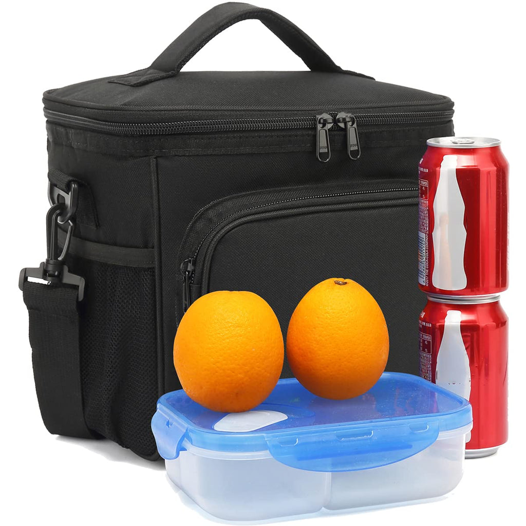 FlowFly Insulated Lunch Bag Adult Lunch Box Large Cooler Tote Bag for Men, Women, with Adjustable Strap,Front Pocket and Dual Large Mesh Side Pockets Black