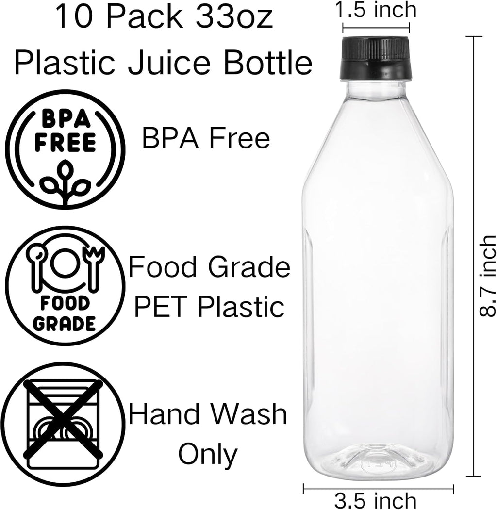Coloch 10 Pack 33 Oz Plastic Juice Bottles with Black Caps, 1L Empty Clear Reusable Drink Container Beverage Containers for Water, Juice, Beverage, Cold Drinks, Picnic, Business and Home Use