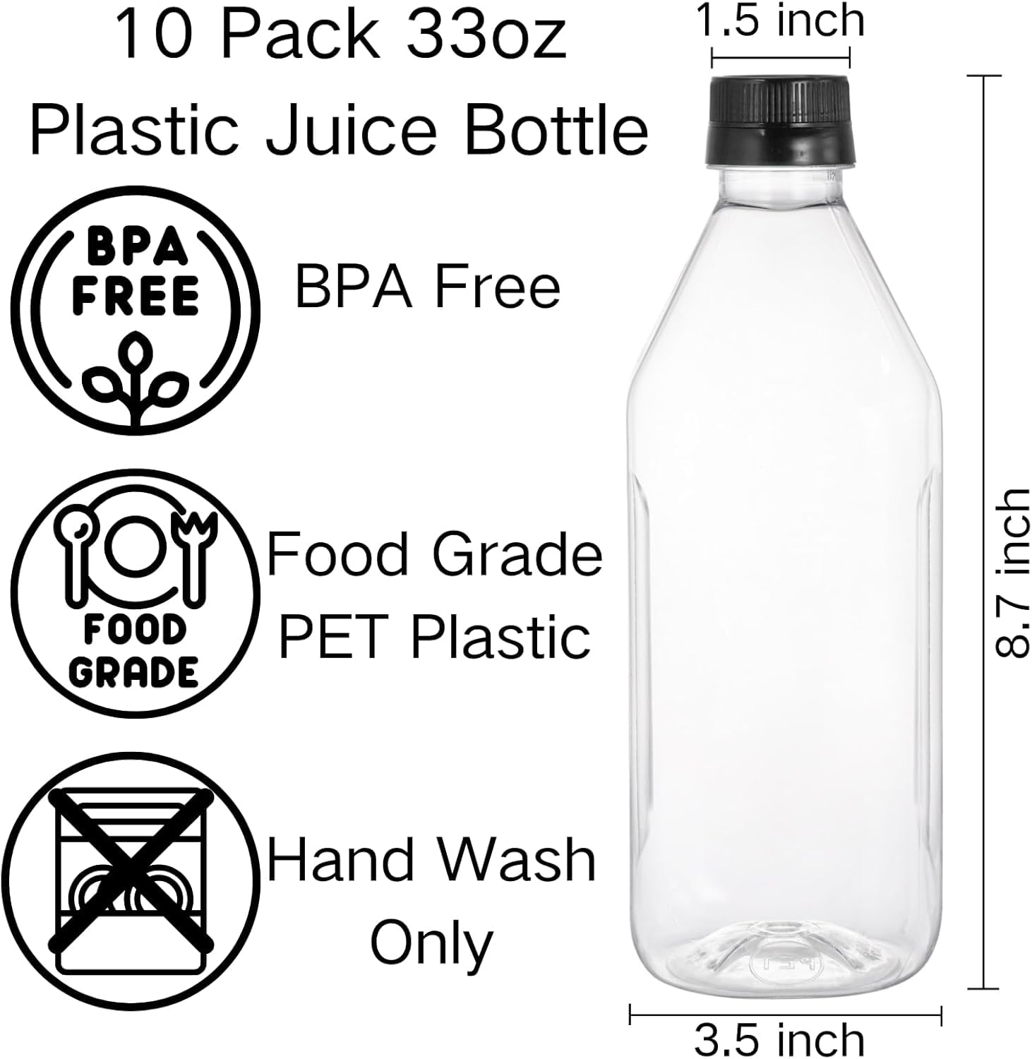 Coloch 10 Pack 33 Oz Plastic Juice Bottles with Black Caps, 1L Empty Clear Reusable Drink Container Beverage Containers for Water, Juice, Beverage, Cold Drinks, Picnic, Business and Home Use