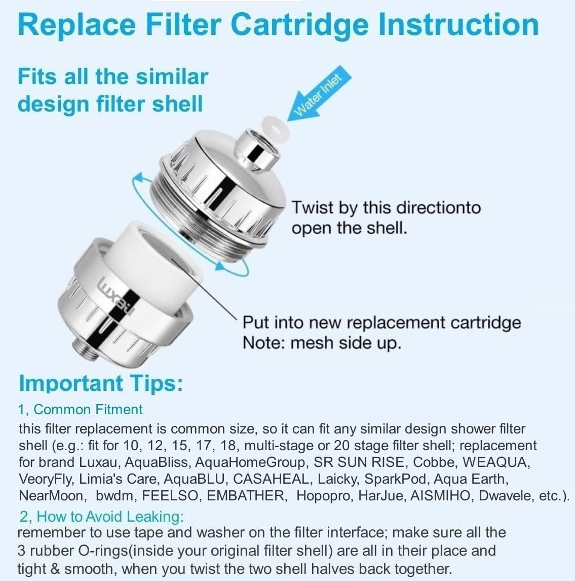 2 Pcs Luxau 20 Stage(Also Fit 15, 18 Stage) Shower Filter Replacement Cartridge, Shower Head Filter Refill, for Hard Water Chlorine Heavy Metal, Skin Hair, Fit Any Similar Design Shower Water Filter