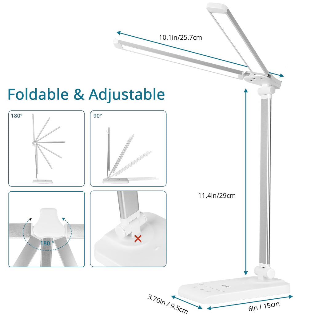 Semlos LED Desk Lamp, Eye-Caring Table Lamps, 5 Lighting Modes & 5 Brightness Levels, Dual-Head, Touch Control, Dimmable Desk Light for Home Office, White, Includes Charger