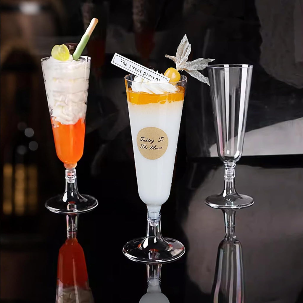Fenhupe 50 PCS 5 oz Plastic Champagne Flutes Disposable, Clear Champagne Glasses, Easy Assemble Plastic Wine Glasses, Light Plastic Cocktail Glasses for Celebration Wedding Party