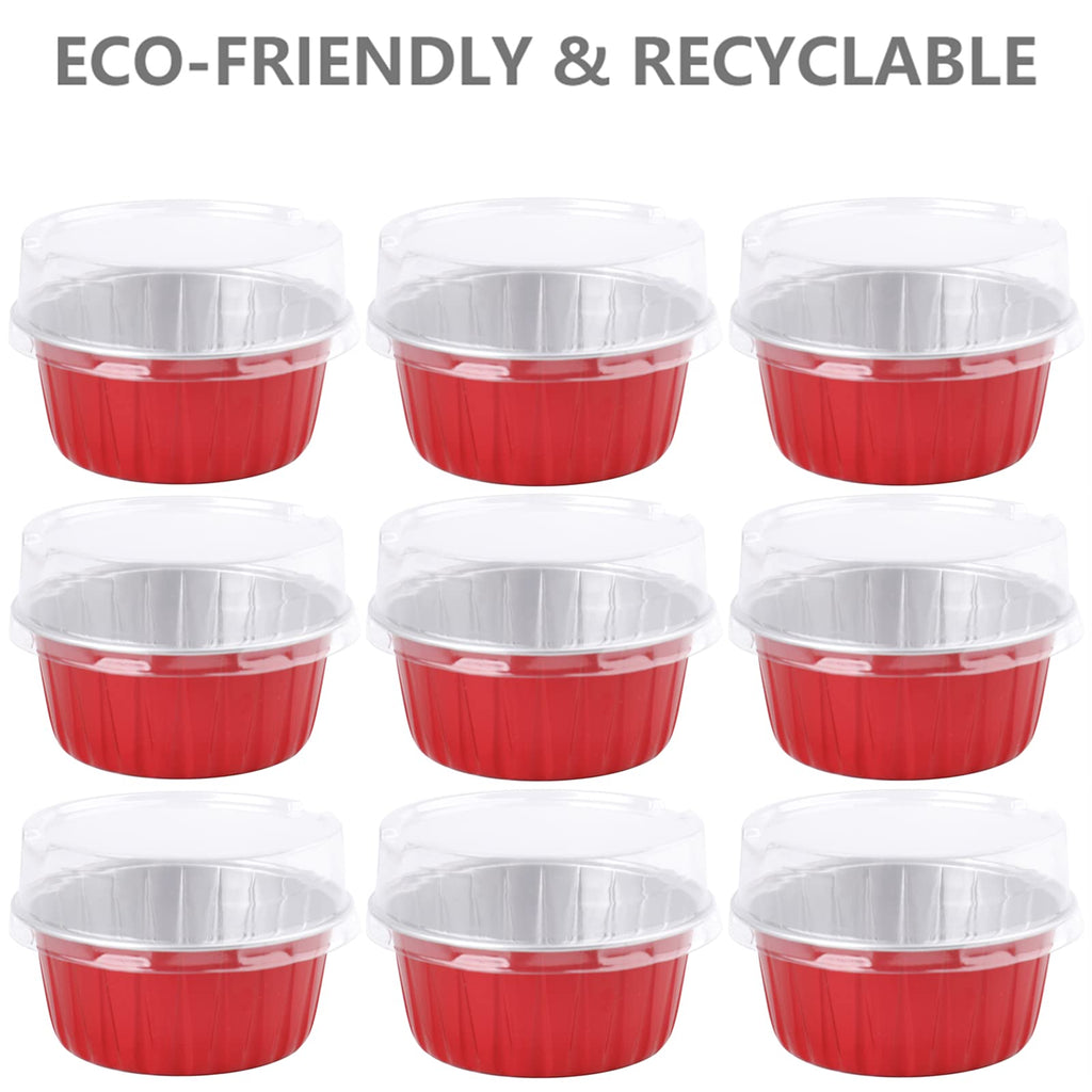 DEAYOU 100 Pieces Aluminum Foil Baking Cups with Lids, 5oz Disposable Ramekins Muffin Cups, 3" Cupcake Foil Liners Tart Pie Tin Pan Holder for Pudding, Souffle, Party, Wedding, Red Color