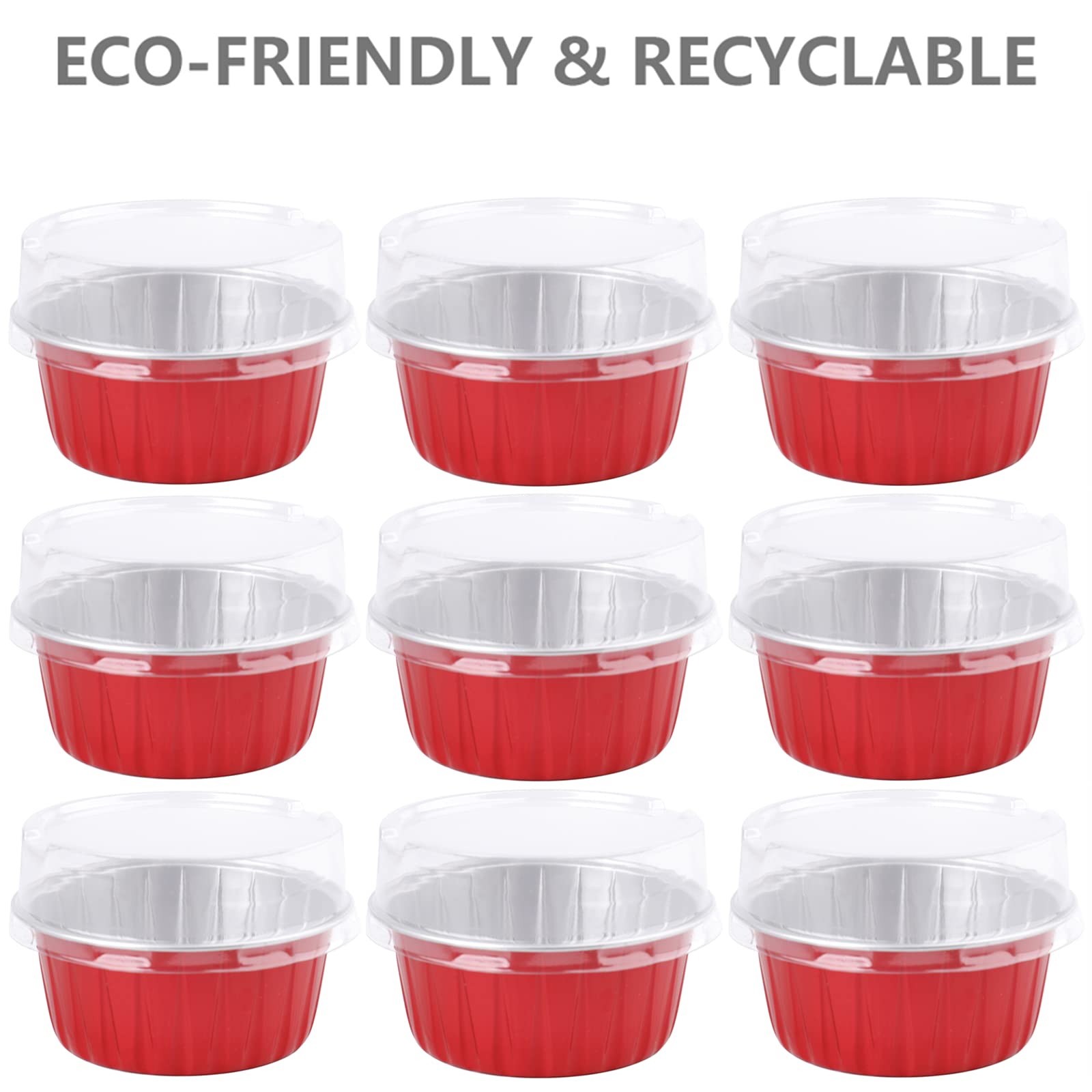 DEAYOU 100 Pieces Aluminum Foil Baking Cups with Lids, 5oz Disposable Ramekins Muffin Cups, 3" Cupcake Foil Liners Tart Pie Tin Pan Holder for Pudding, Souffle, Party, Wedding, Red Color