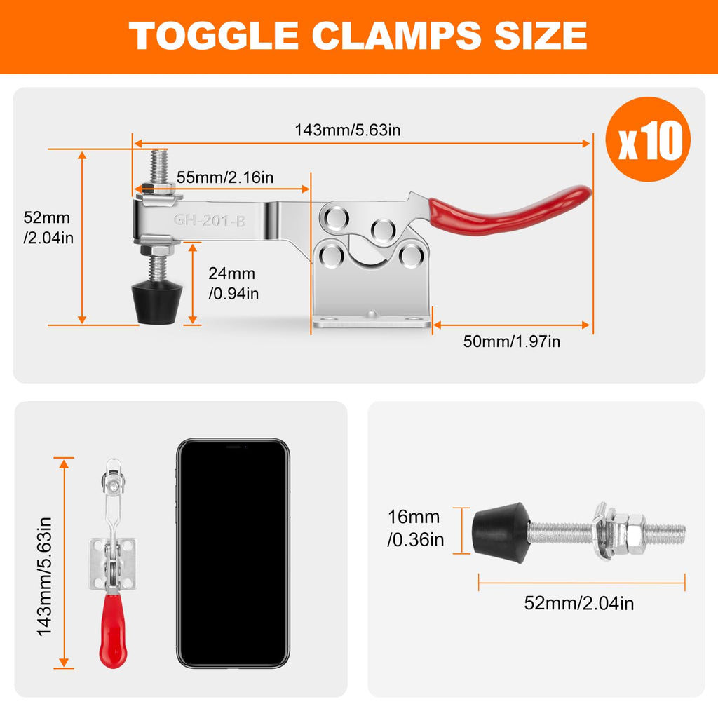 chfine 10 Pack Hold Down Adjustable Toggle Clamp Hand Tool, Woodworking Latch Antislip Red Clamps Holding Capacity Horizontal Heavy Duty Toggle Clamps GH-201B 220lbs/100kg Quick Release Tool