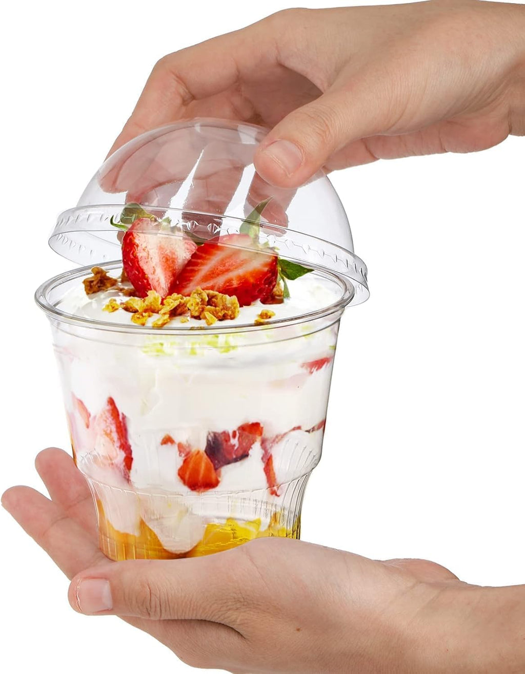 Lyellfe 100 Pack Dessert Cups with Dome Lids, 12 Oz Clear Plastic Cups, BPA Free Reusable Parfait Ice Cream Snack Cups for Pudding, Fruit, Cupcake, Iced Cold Drinks
