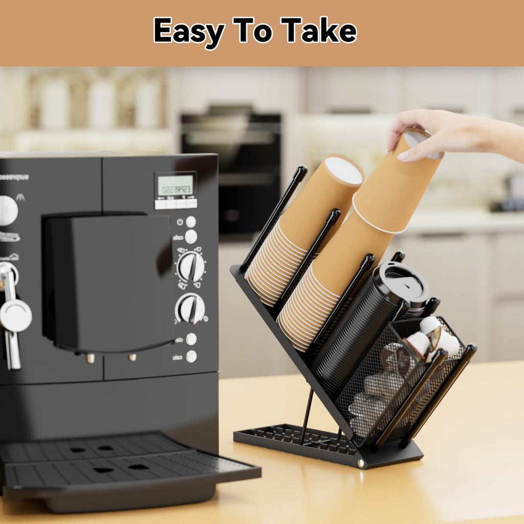 Ovicar Cup and Lid Holder - Adjustable Coffee Cup Holder Organizer 4 Compartment Disposable Cup Dispenser with Coffee Pod Straw Storage Basket for Coffee Station Bar Countertop Breakroom Metal (Black)