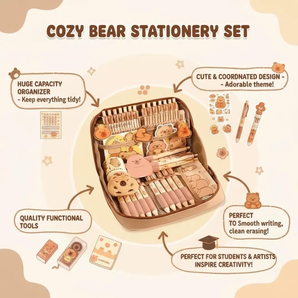 Capybara Pencil Case Stationery Set, Cute Large Capacity Pen Pouch Holds 120 Pens with 12-Layer Design, Complete Back to School Supplies Kit for Middle School Students, Accessories