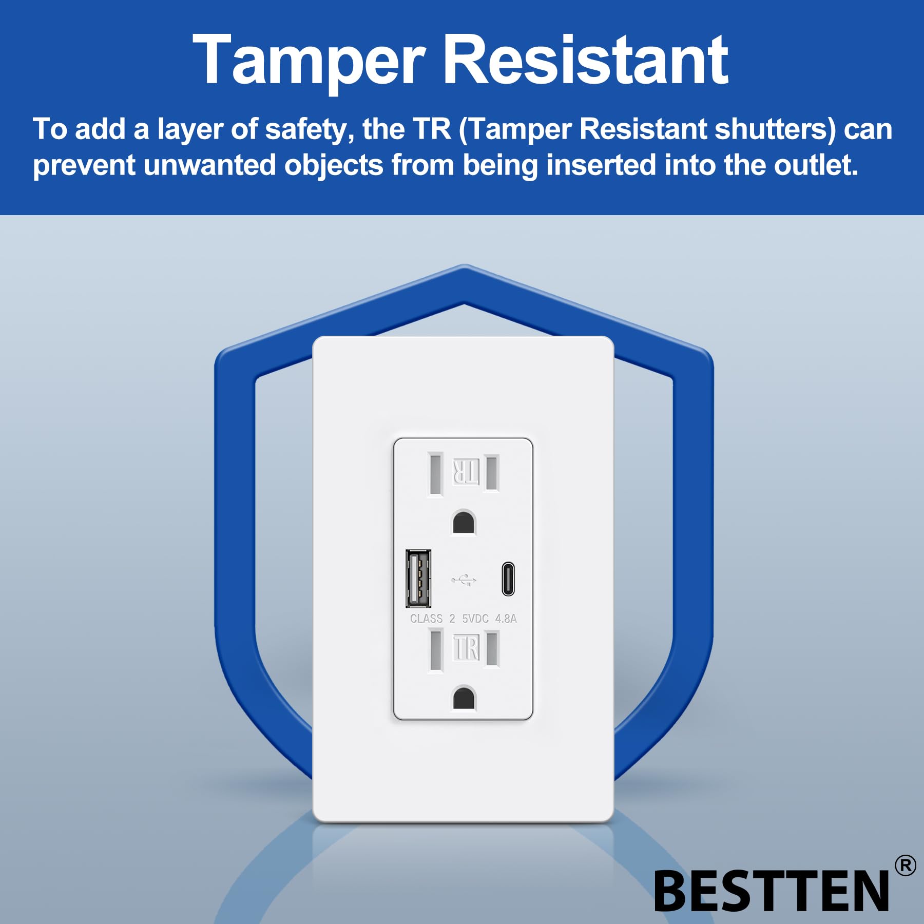BESTTEN 2 Pack USB C Wall Outlet, 24W 4.8A Type C & Type A USB Receptacle, 15 Amp Tamper Resistant Electrical Outlet with USB Ports, Self-Grounding, Screwless Wall Plate Included, cUL Listed, White