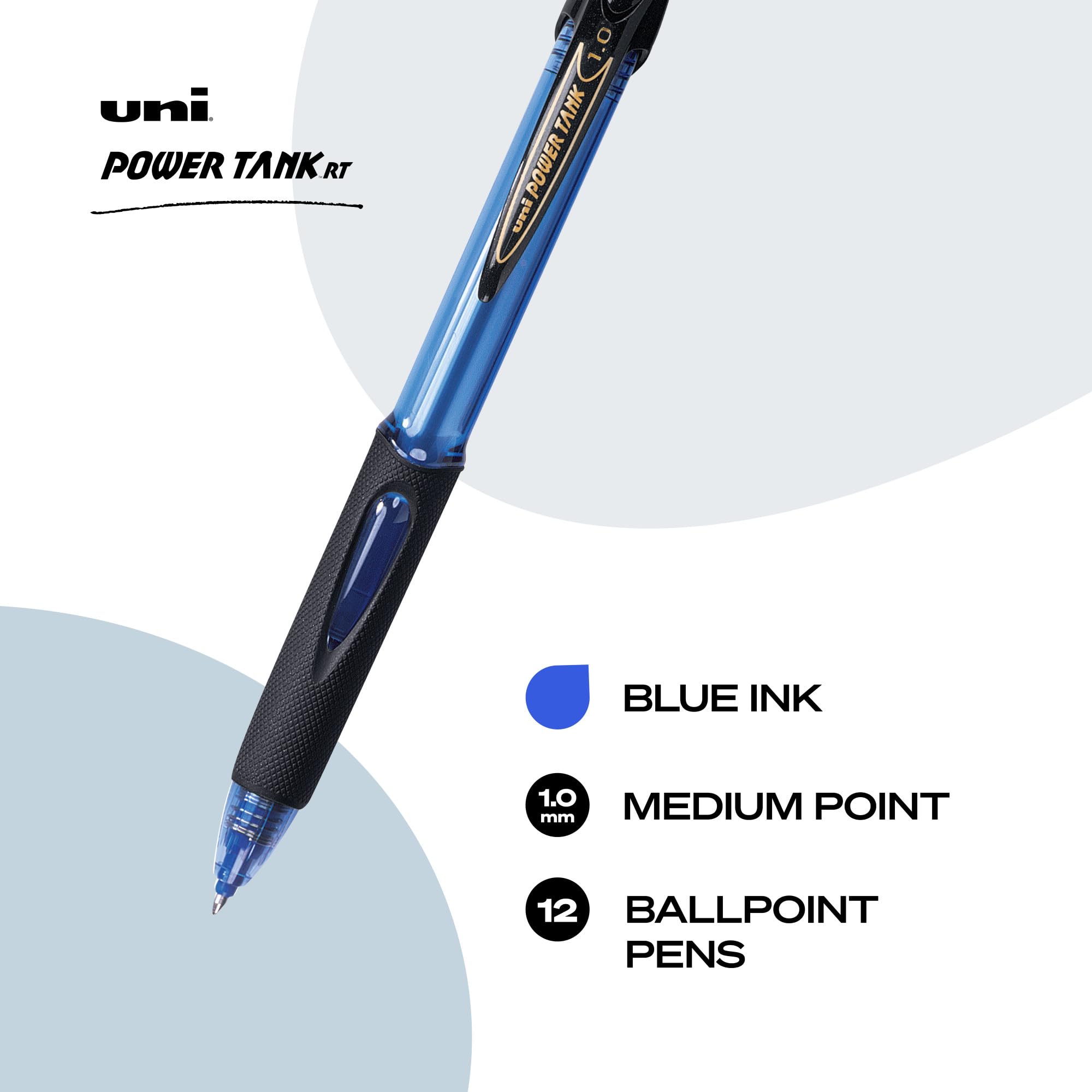 uni-ball POWER TANK Pen Ballpoint, Retractable Ball Point Pen Blue Barrel Bold-1.0mm, 12 Pack, Blue Ink (42071)