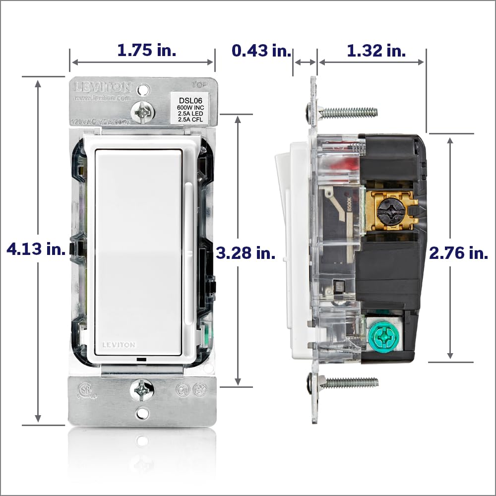 Leviton Decora Dimmer with Slide Bar and Rocker Switch, 15 Amp, DSL06-1LZ, White