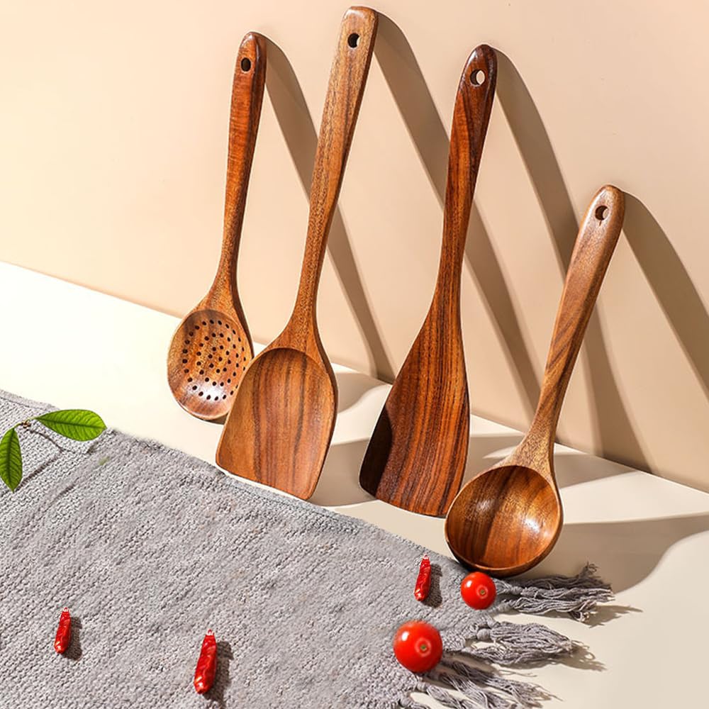 4 Pack Wooden Utensils for Cooking Natural Teak Spoons Spatula Kitchen Utensil Set Wood Spoon (4)