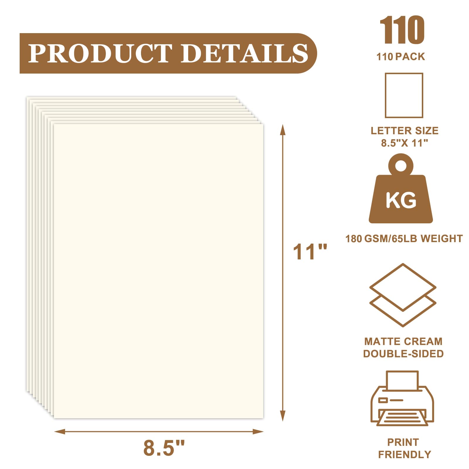 110 Sheets Cream Cardstock Paper 8.5" x 11", 65 lb/180 GSM Off-White Card Stock Printer Paper for Cards Making, Office Printing, Cards for Wedding, Invitation, Business, Menus, Valentine’s Day, Cream