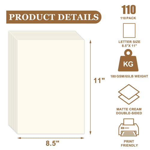 110 Sheets Cream Cardstock Paper 8.5" x 11", 65 lb/180 GSM Off-White Card Stock Printer Paper for Cards Making, Office Printing, Cards for Wedding, Invitation, Business, Menus, Valentine’s Day, Cream