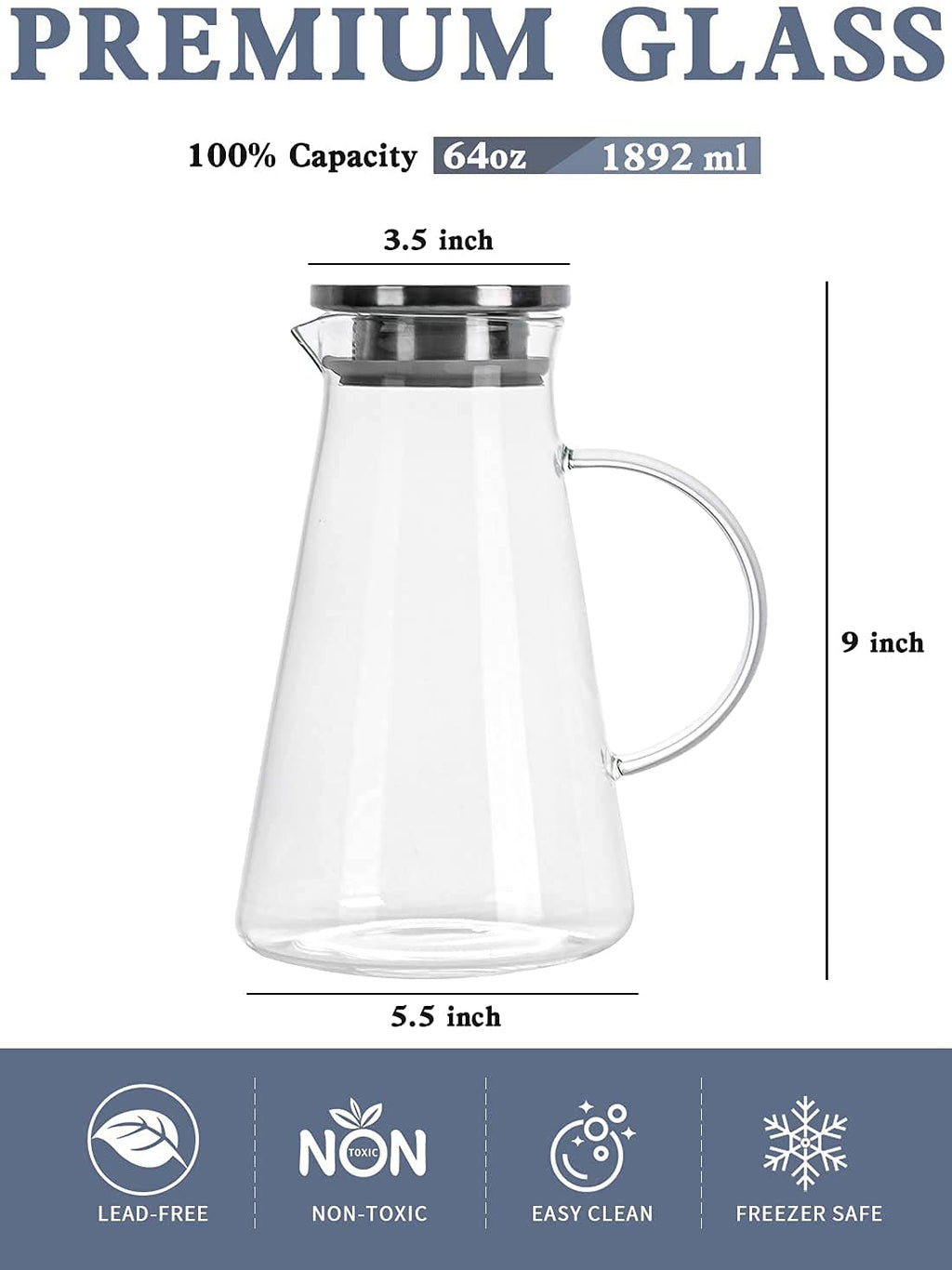 Glass Pitcher with Lid, 68 Ounces 2.0 Liter Large Glass Water Jug with Handle for Home Kitchen Milk Juice and Iced Tea Beverage Pitcher by Nidhdsda